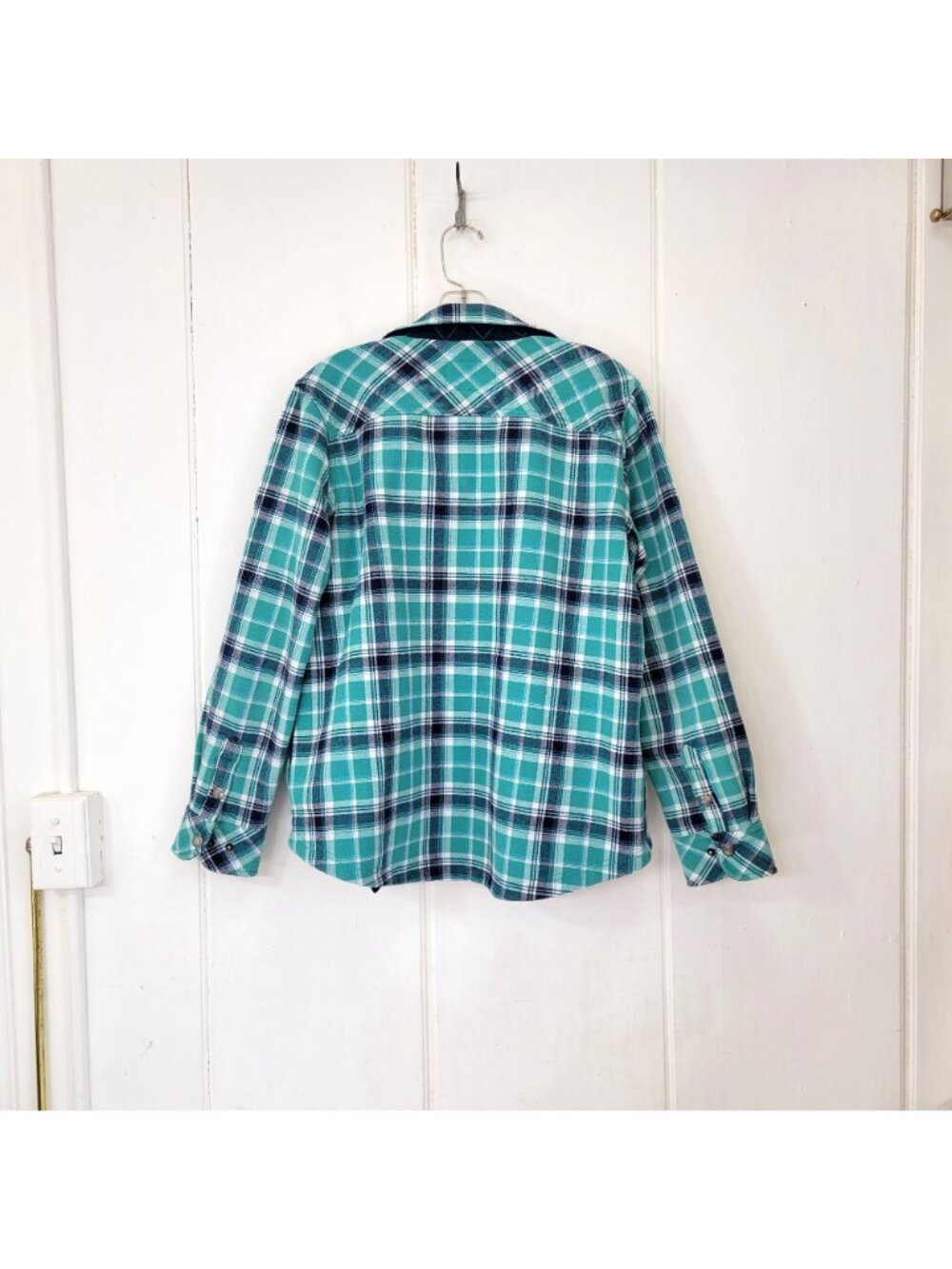 Orvis Classic Collection Green & Navy Plaid Fleece-Lined Snap Front Shirt Shacke - Picture 2 of 5